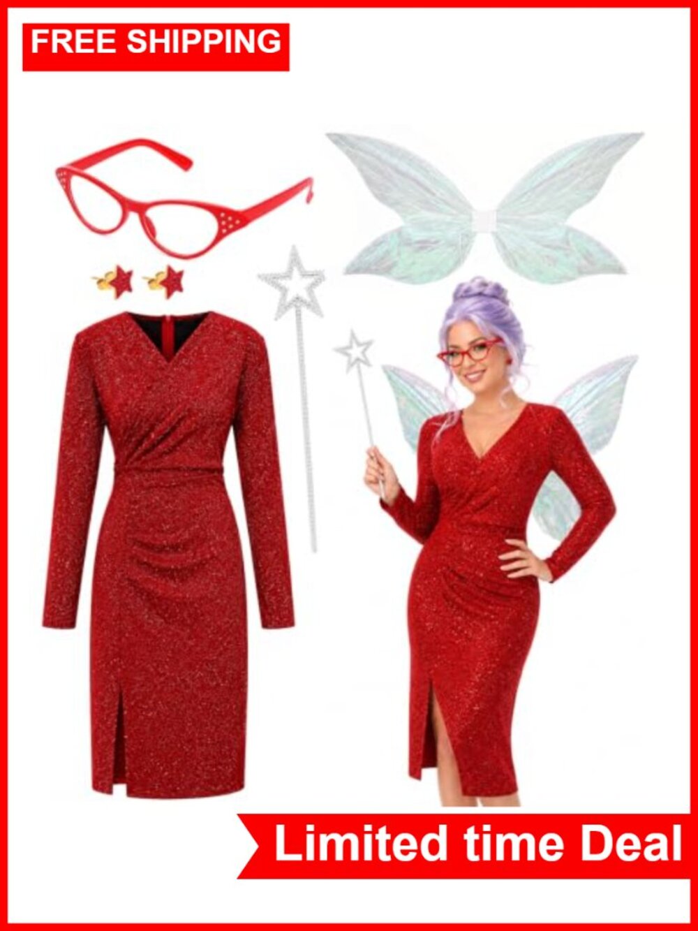 Red glitter fairy costume dress wings wand glasses earrings set